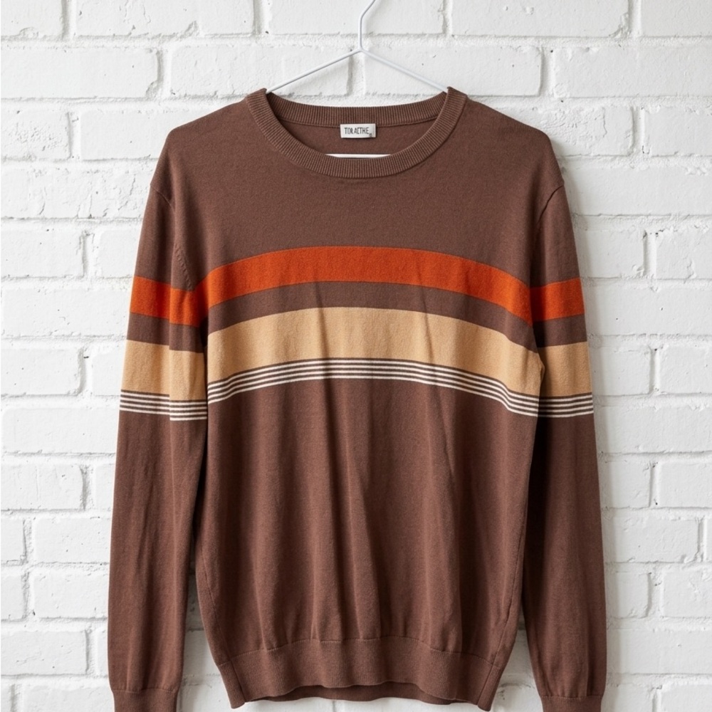 ZYIA Brown Crewneck Sweater with Orange and Tan Stripes